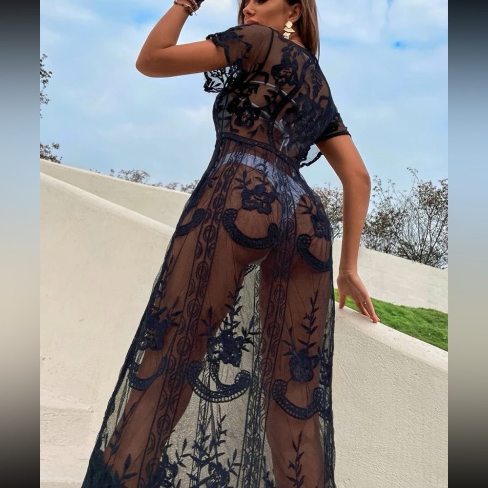 Black Boho Floral Lace Sheer Mesh Cover Up One Size - Picture 13 of 13